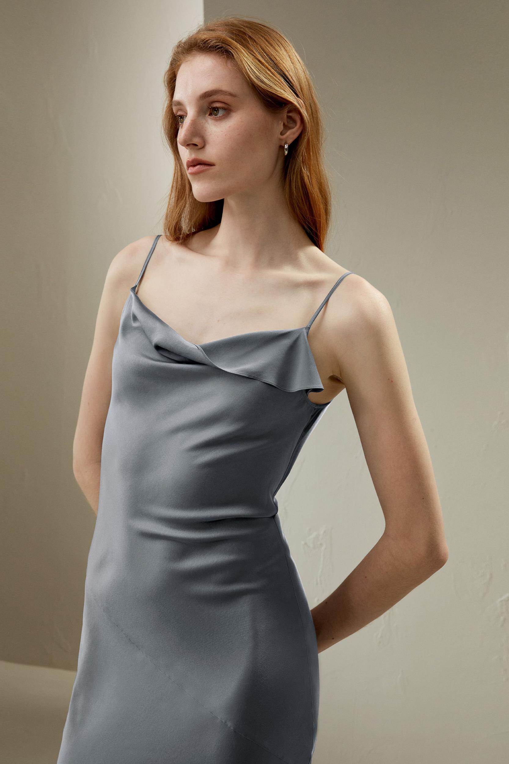 Cowl Neck Oblique-layered Silk Dress Product Image
