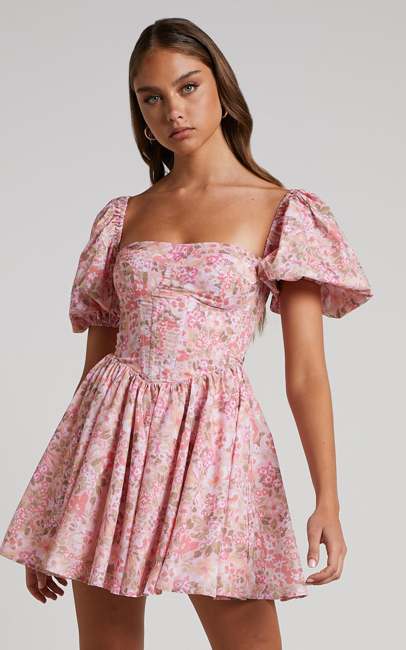 Phorchia Mini Dress - Fit and Flare Puff Sleeve Corset Dress in Fleur Print Product Image