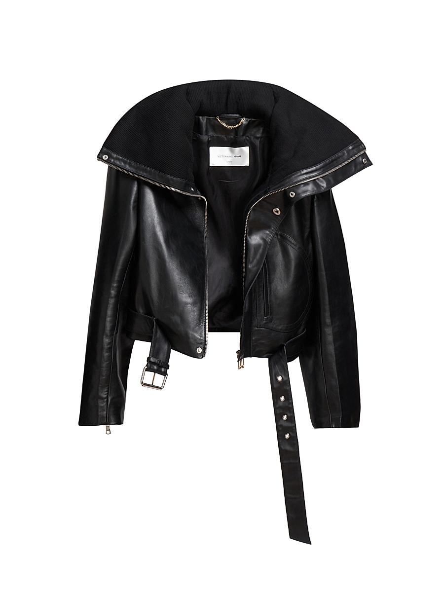 Womens Cropped Leather Biker Jacket Product Image
