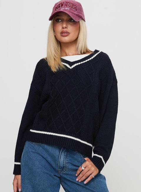 Covina V Neck Knit Sweater Navy Product Image