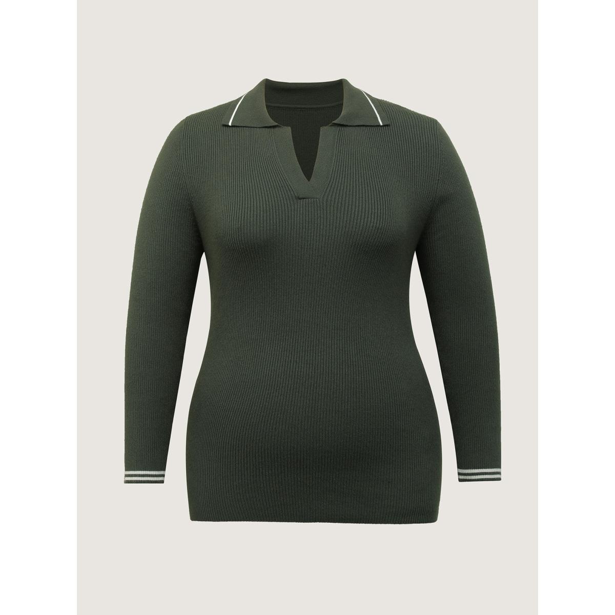 Plus Size Supersoft Polo Collar Textured Fitted Pullover ArmyGreen Women Office Skinny Long Sleeve Polo Office Pullovers BloomChic 14-16/1X Product Image