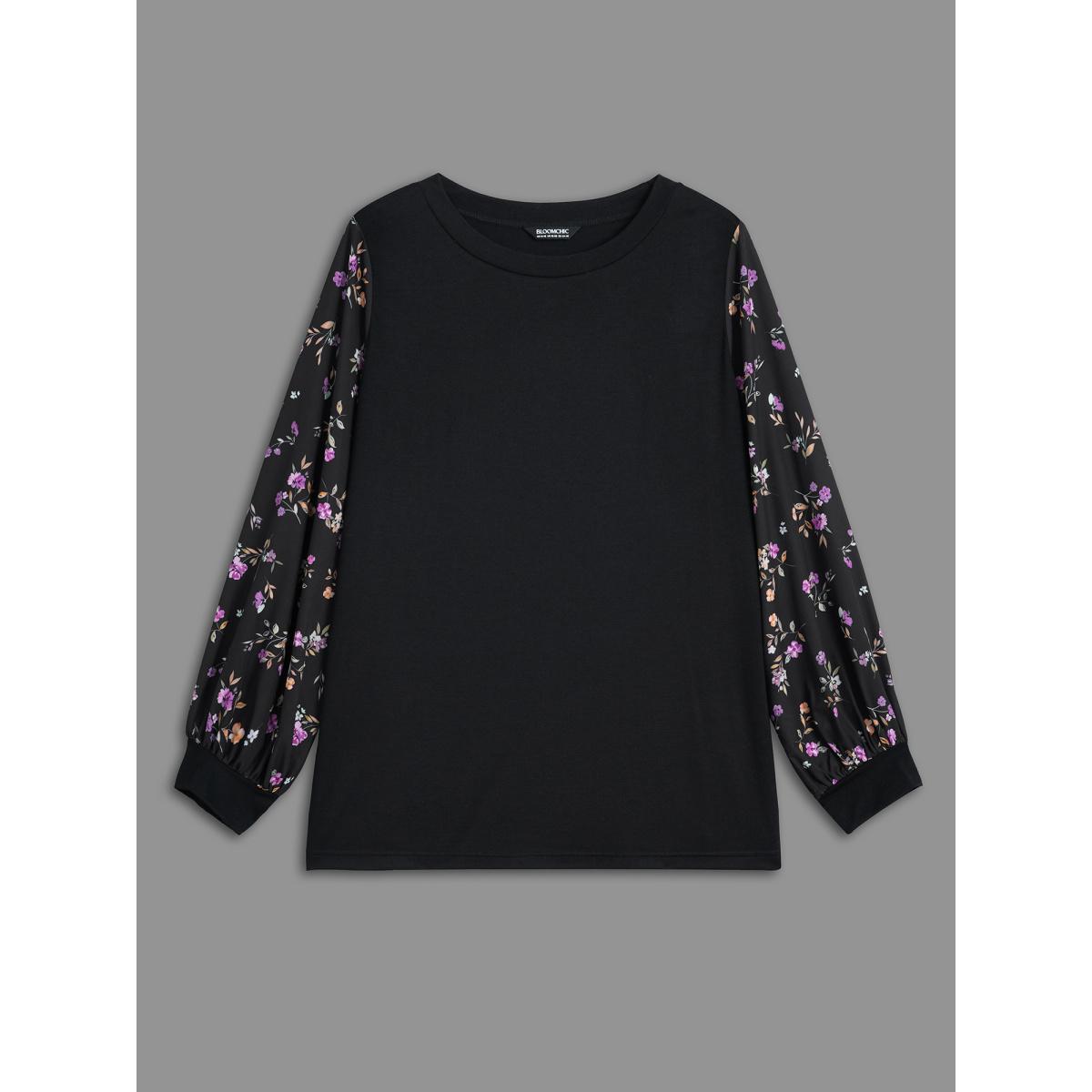 Plus Size Floral Spliced Sleeve Stretchy T-Shirt Black Women Elegant Contrast Natural Flowers Round Neck Everyday T-shirts BloomChic 14-16/1X Product Image