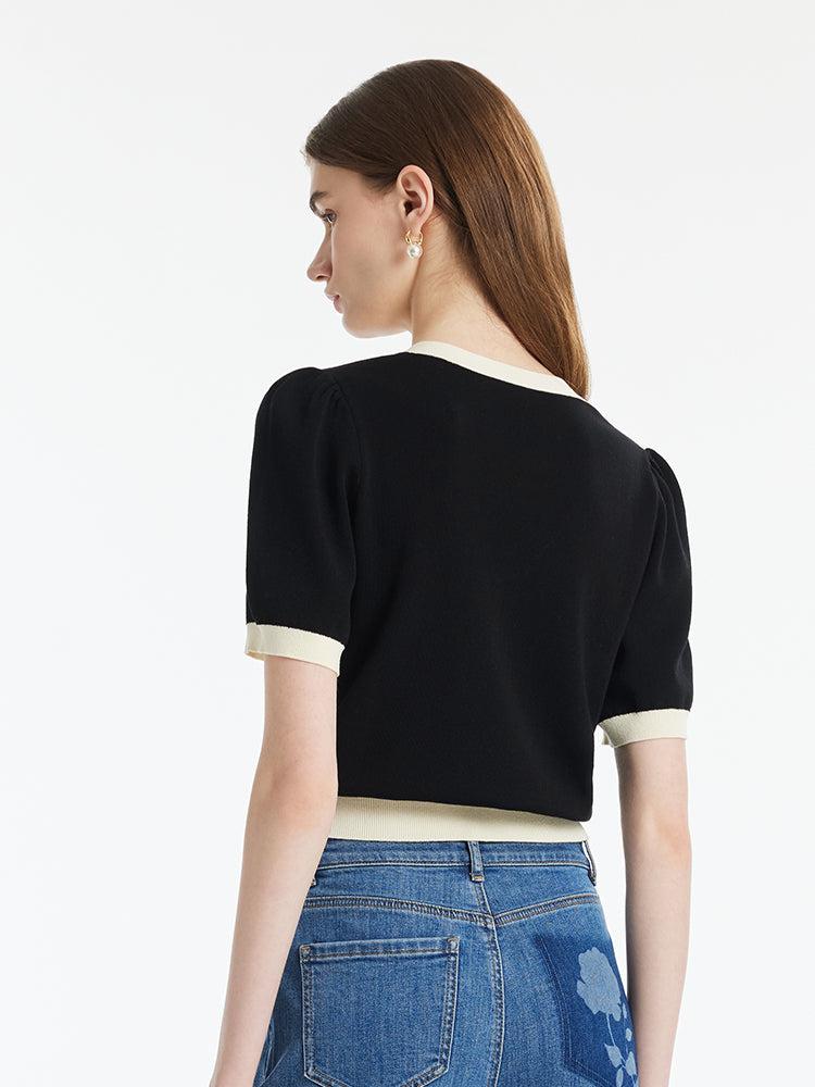 Tencel Contrast Trim V-Neck Women Knit Top With Detachable 3D Flower Product Image