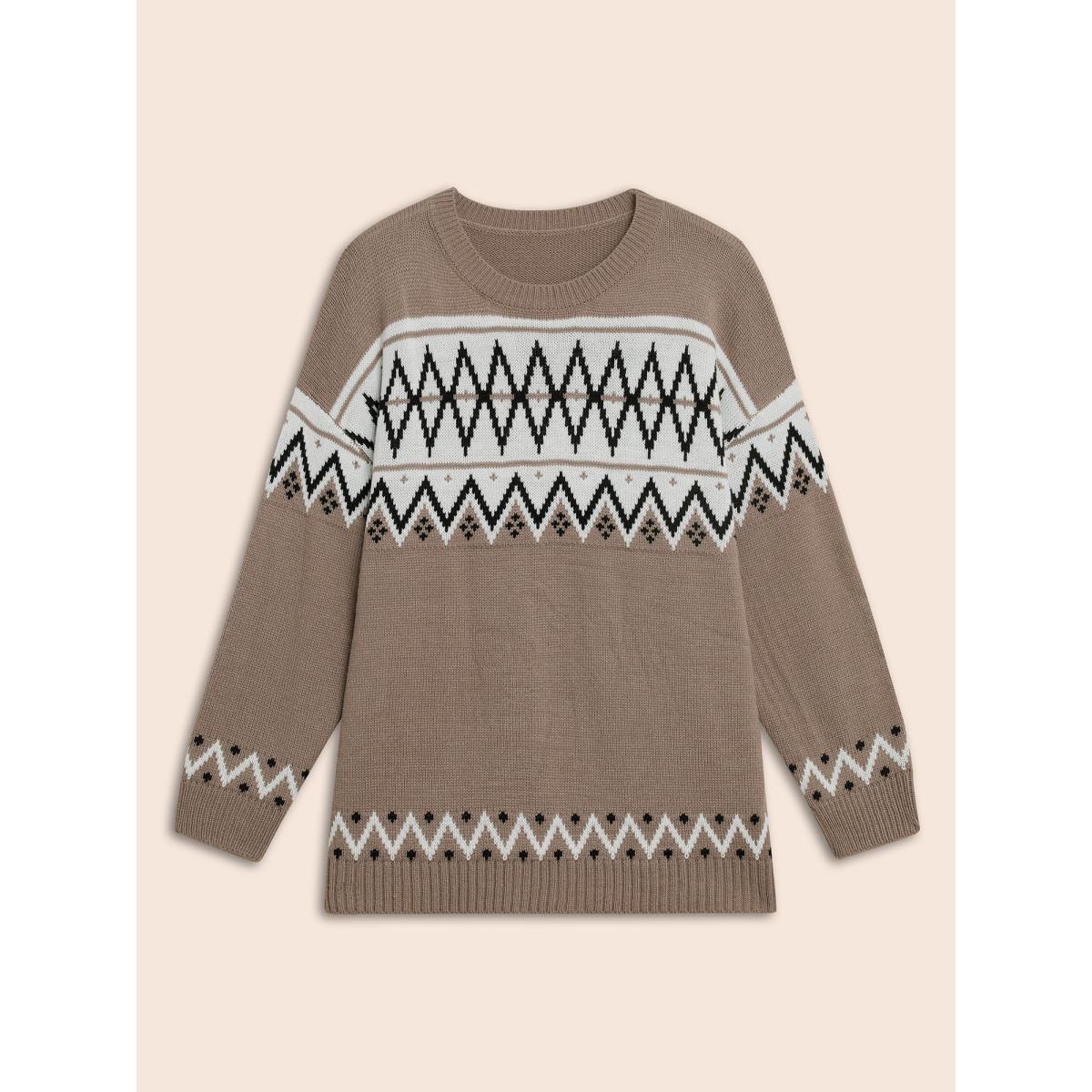 Plus Size Round Neck Geometric Drop Shoulder Cardigan Beige Women Casual Loose Long Sleeve Round Neck Everyday Pullovers BloomChic 10/M Product Image