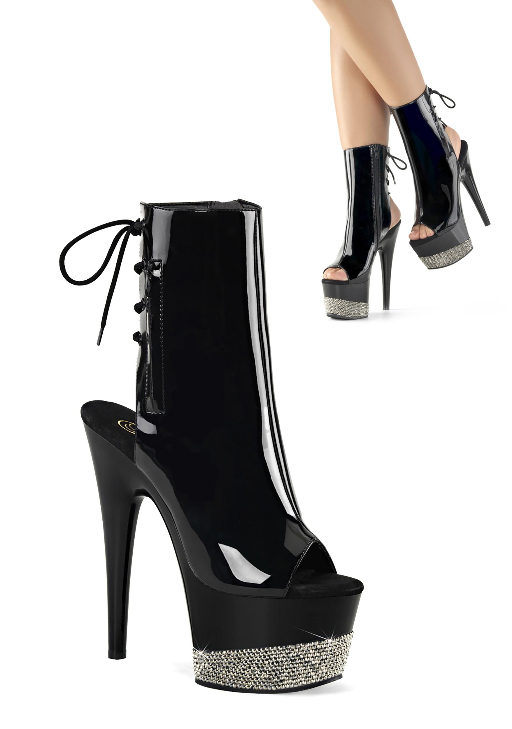 Pleaser Adore 1018 Open Toe Platform Boots - Patent Black Product Image