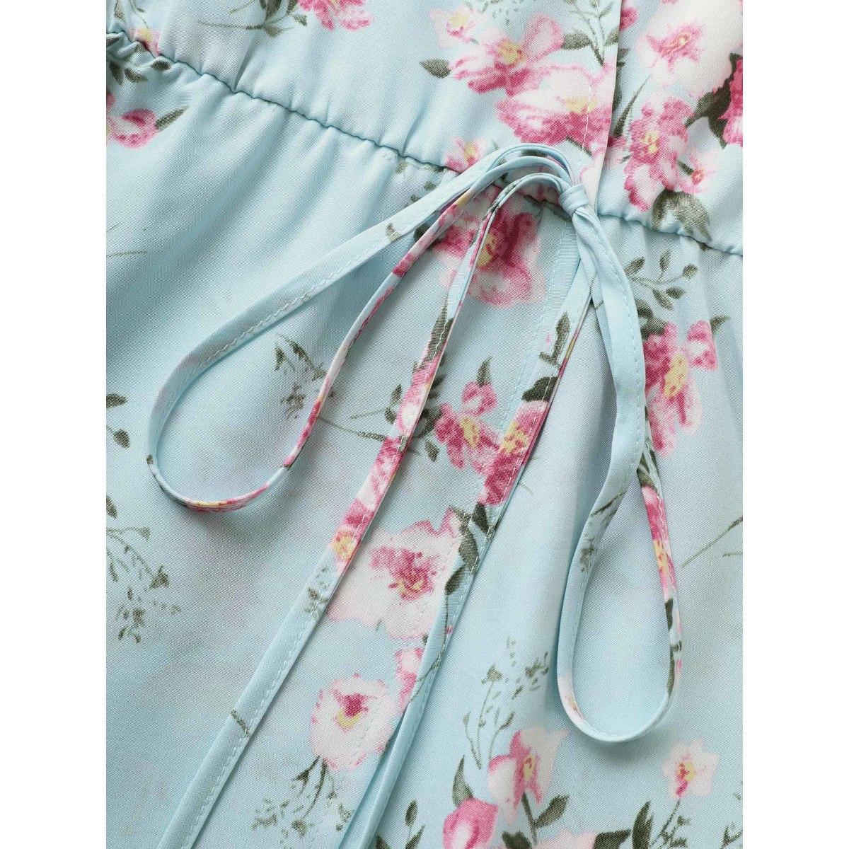 Plus Size LightBlue Floral Bishop Sleeve Wrap Gathered Blouse Women Elegant Short sleeve Overlap Collar Everyday Blouses BloomChic 18-20/2X Product Image