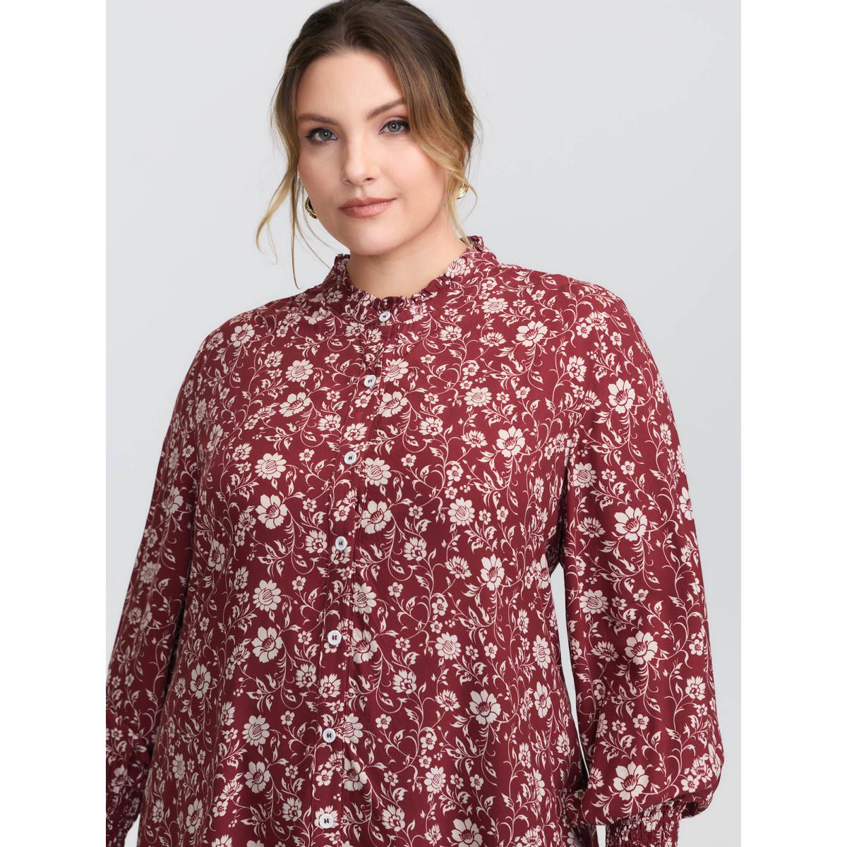 Plus Size Deepred Floral Ruffled Collar Button Front Blouse Women Timeless Long Sleeve Shirt collar Elegant Blouses BloomChic 26/4X Product Image