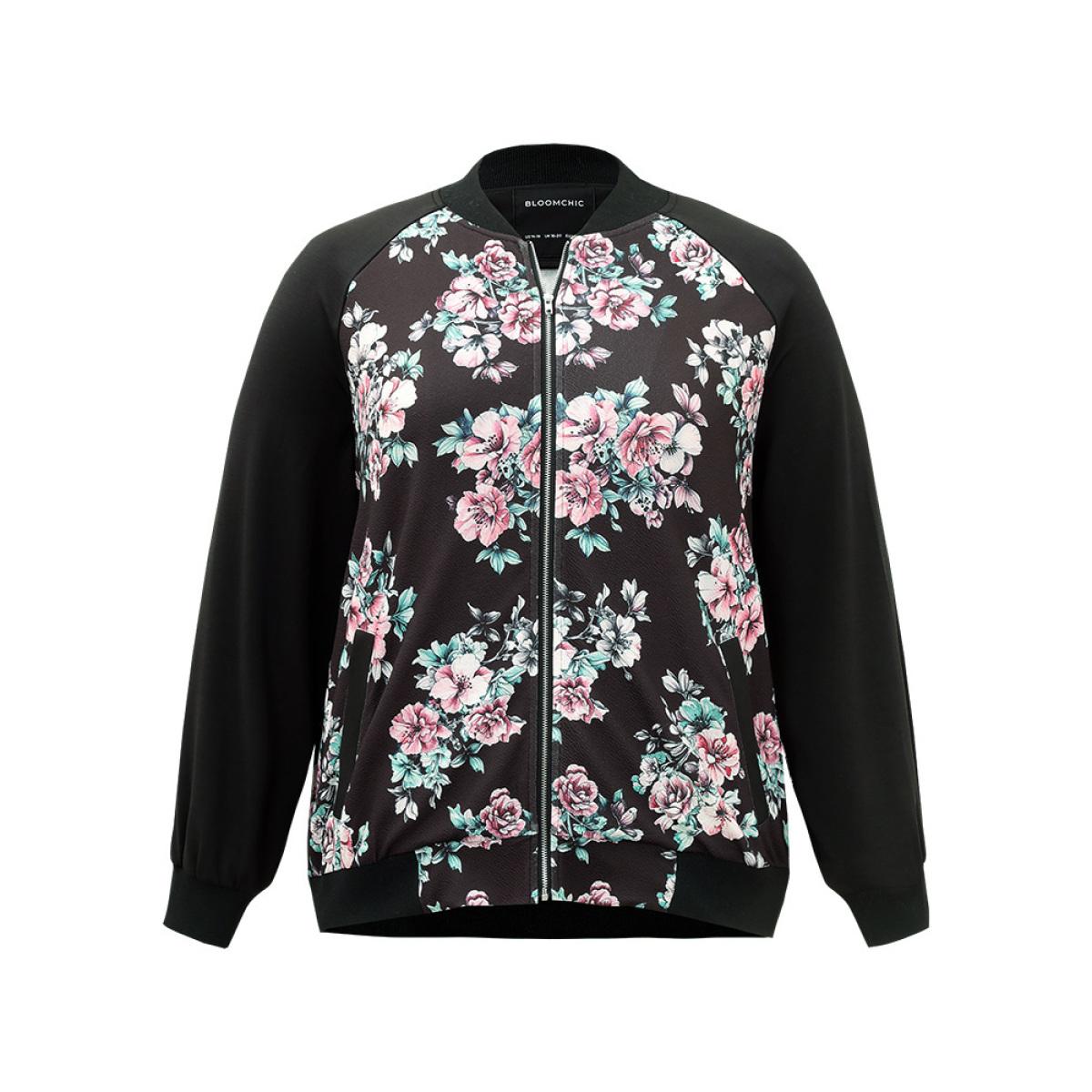 Plus Size Floral Patchwork Zipper Pocket Jacket Women BlackFlower Elastic cuffs Pocket Everyday Jackets BloomChic 10/M Product Image