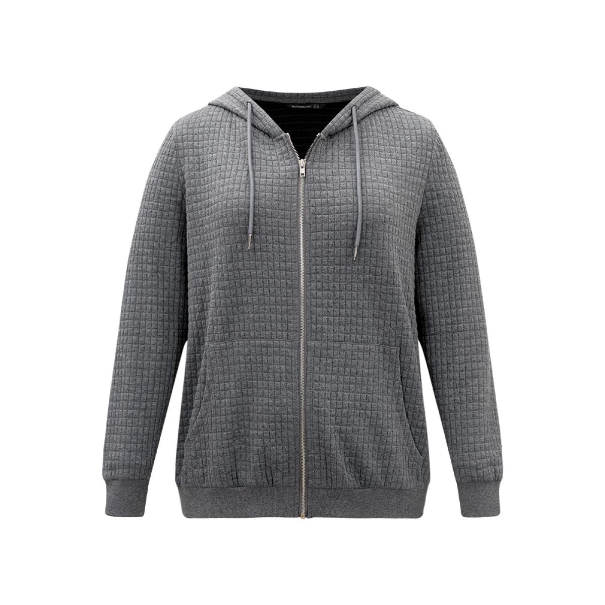 Plus Size Plain Zipper Drawstring Jacquard Jacket Women Gray Plain Pocket Everyday Jackets BloomChic 12/L Product Image