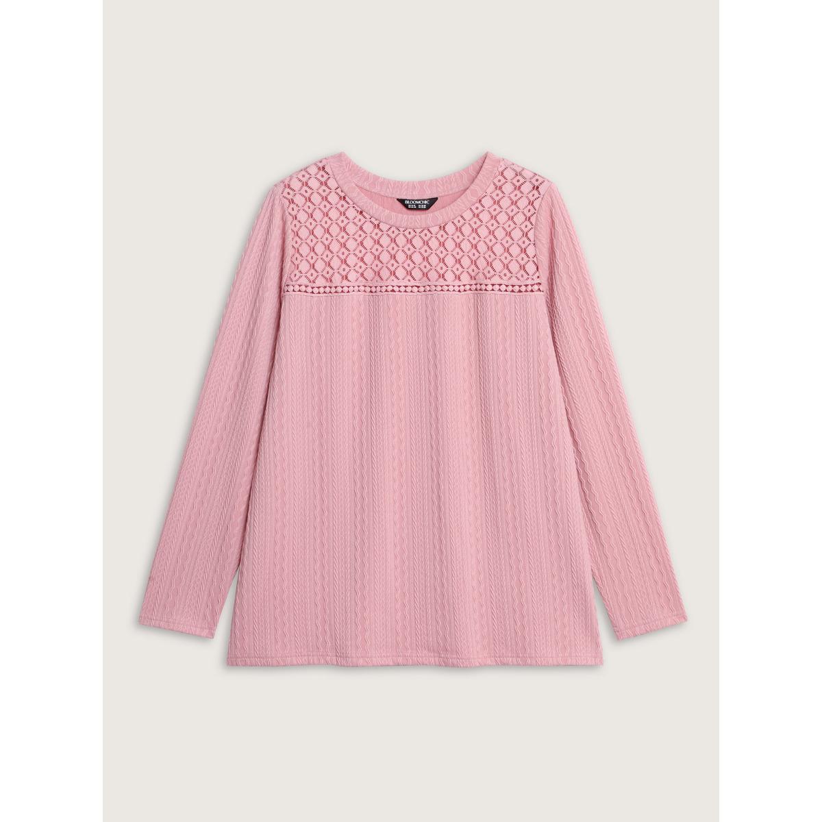 Plus Size Lace Trim Textured Cut-Out T-Shirt Lightpink Women Leisure Woven ribbon&lace trim Round Neck Casual T-shirts BloomChic 18-20/2X Product Image