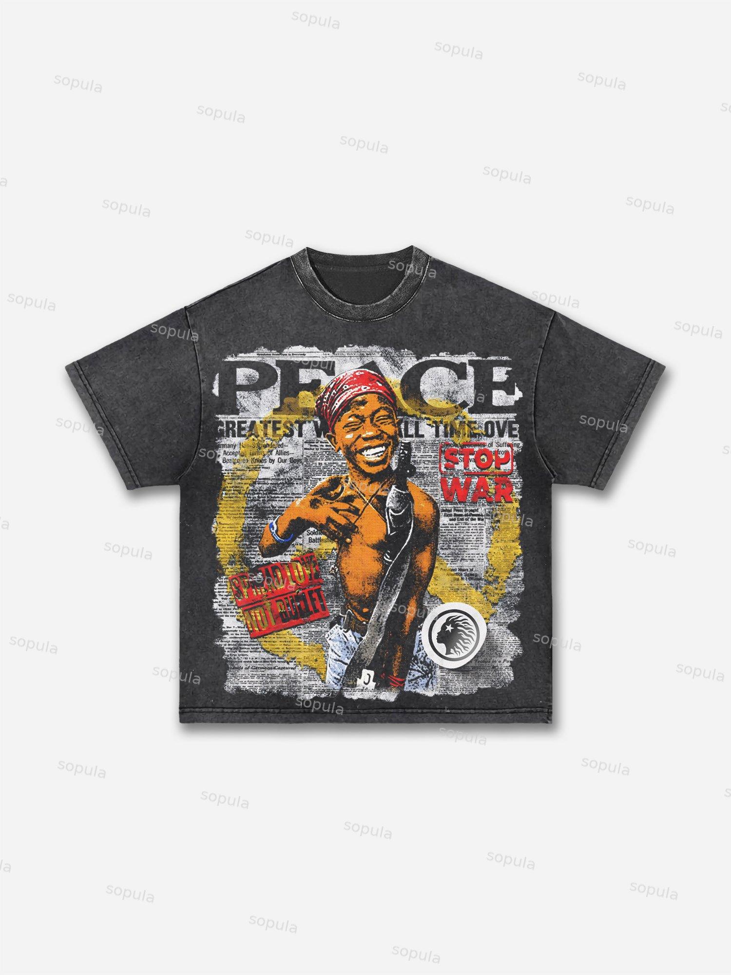 Peace Stop War Graphic Print Acid Wash T-shirt Product Image