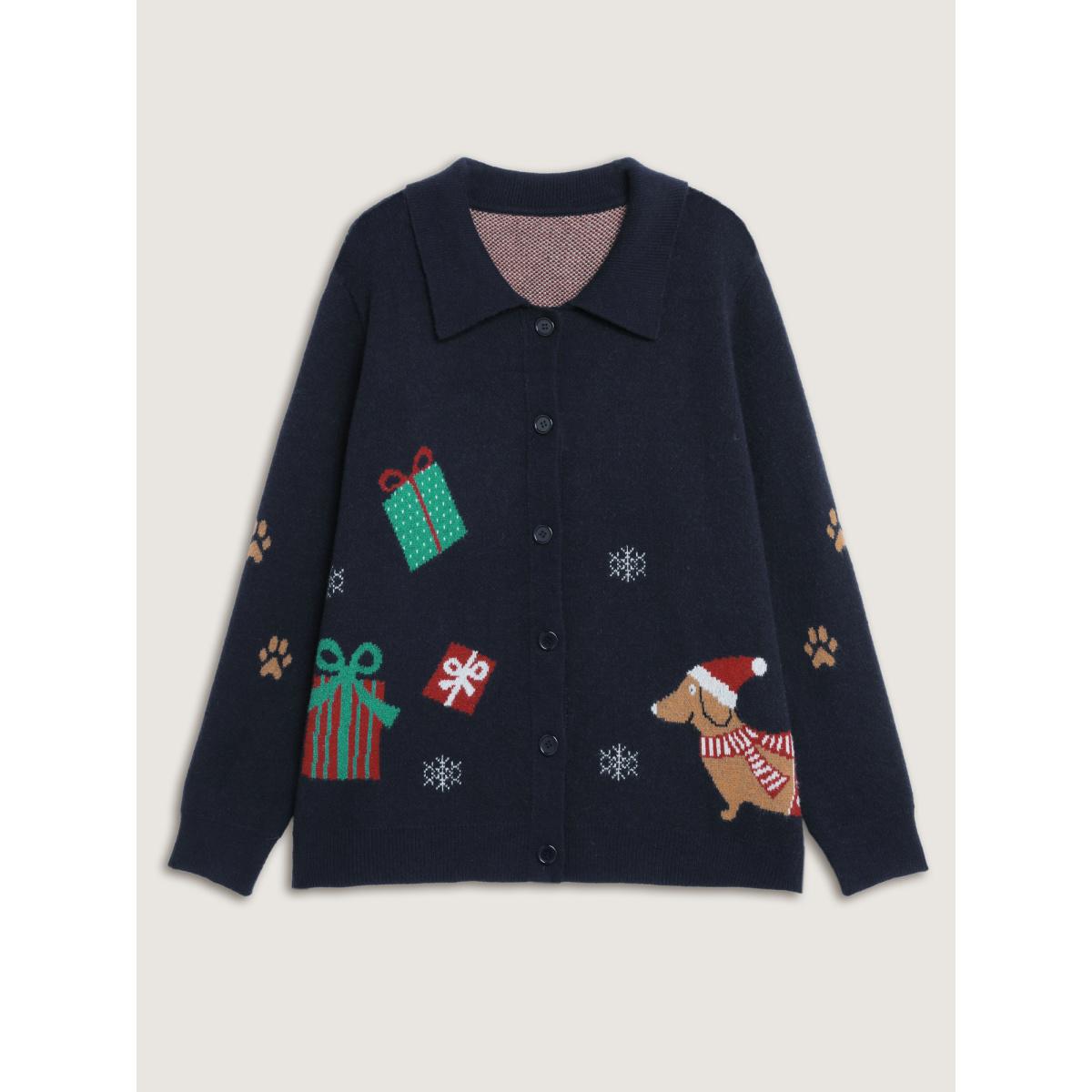 Plus Size Holiday Pattern Collar Button Knit Cardigan Indigo Women Playful Loose Long Sleeve Casual Cardigans BloomChic 18-20/2X Product Image