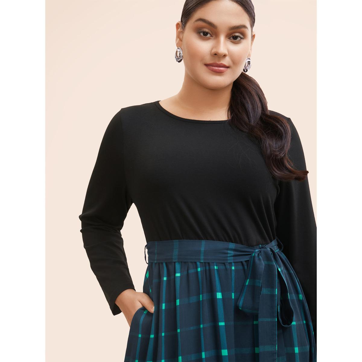 Plus Size Plaid Patchwork Belted Midi Dress Navy Women At the Office Belted Round Neck Long Sleeve Curvy BloomChic 10/M Product Image