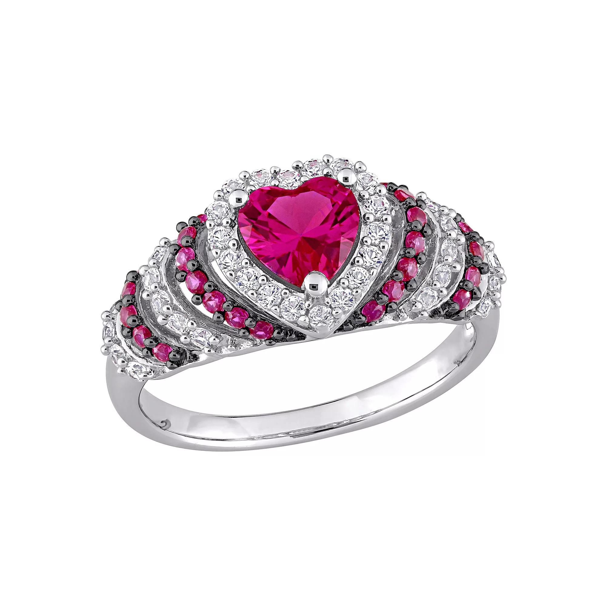 Stella Grace Sterling Silver Lab-Created Ruby & Lab-Created White Sapphire Heart Cocktail Ring, Women's, Size: 9 Product Image