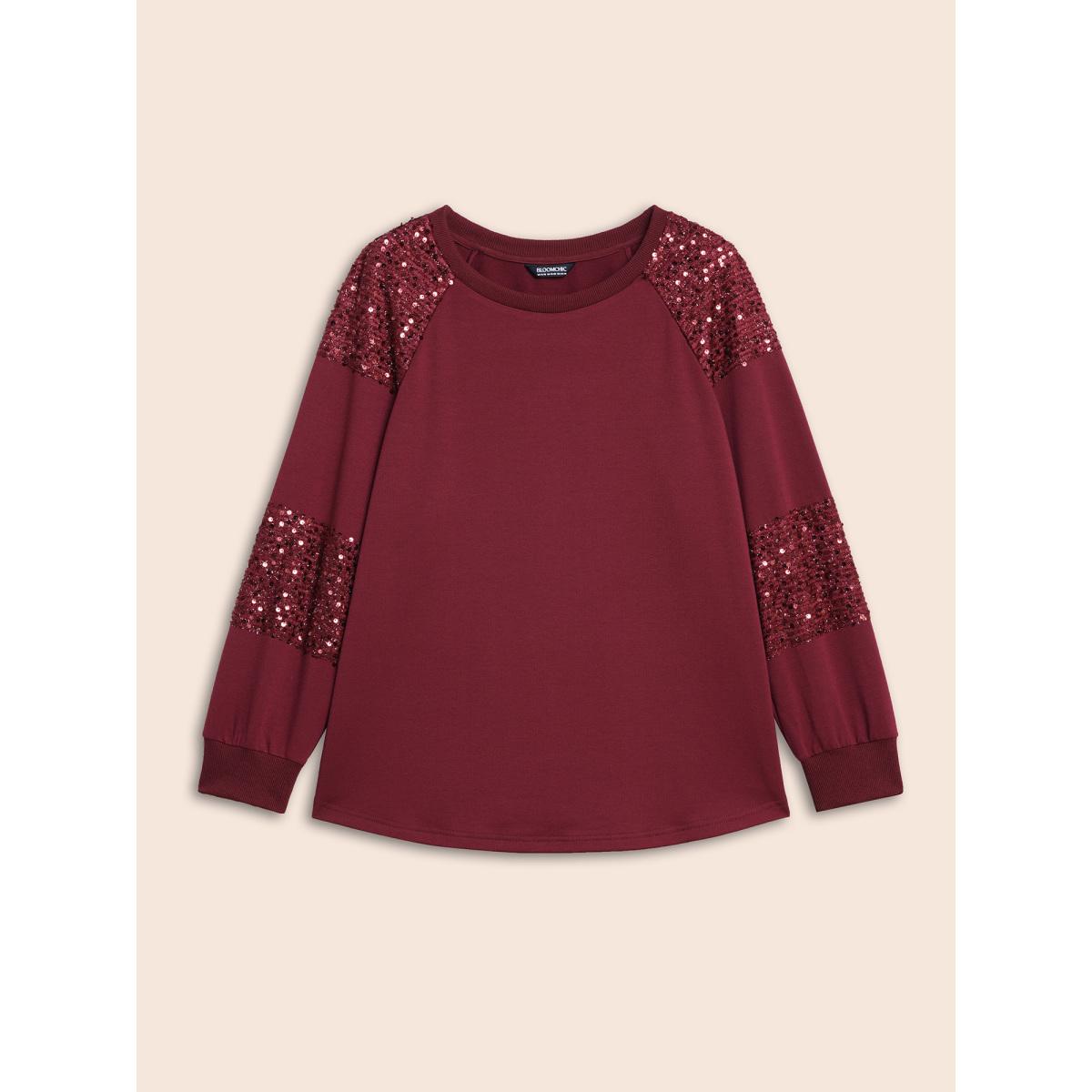 Plus Size Sequin Patchwork Raglan Sleeve Sweatshirt Women Burgundy Casual Patchwork Round Neck Everyday Sweatshirts BloomChic 26/4X Product Image