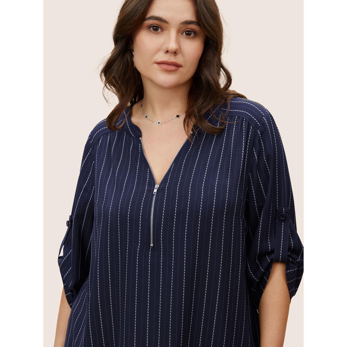 Plus Size Indigo Striped Half Zip Tab Sleeve Blouse Women Work From Home Elbow-length sleeve Flat collar Work Blouses BloomChic 26/4X Product Image