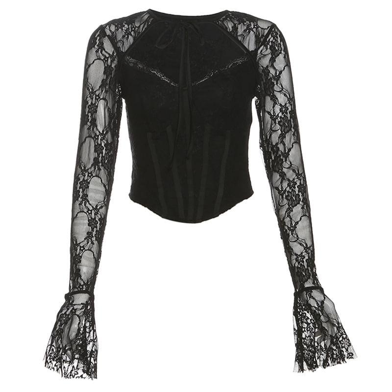 Bell Sleeve Lace Panel Plain Tie-Front Corset Top Product Image