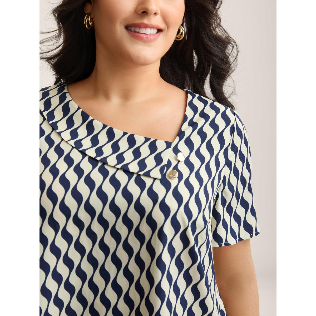 Plus Size Indigo Wavy Print Asymmetrical Neckline Blouse Women Short sleeve Asymmetrical Neck Work Blouses BloomChic 14-16/1X Product Image