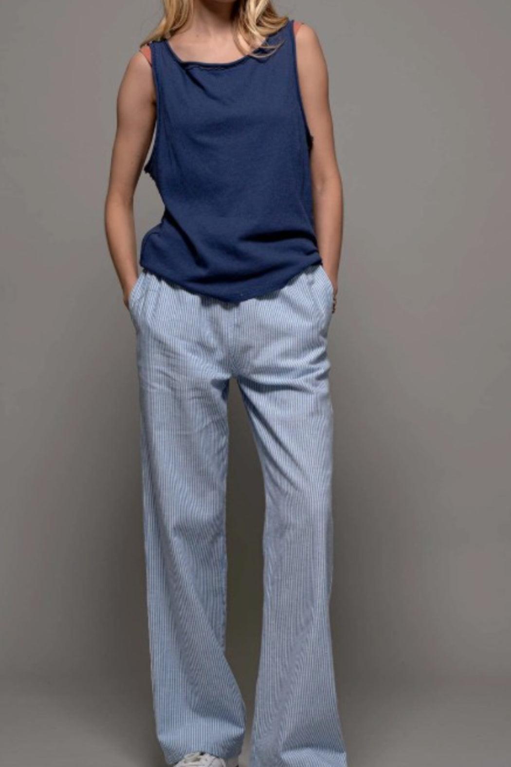 Pinstripe Drawstring Wide Leg Lounge Pants Product Image