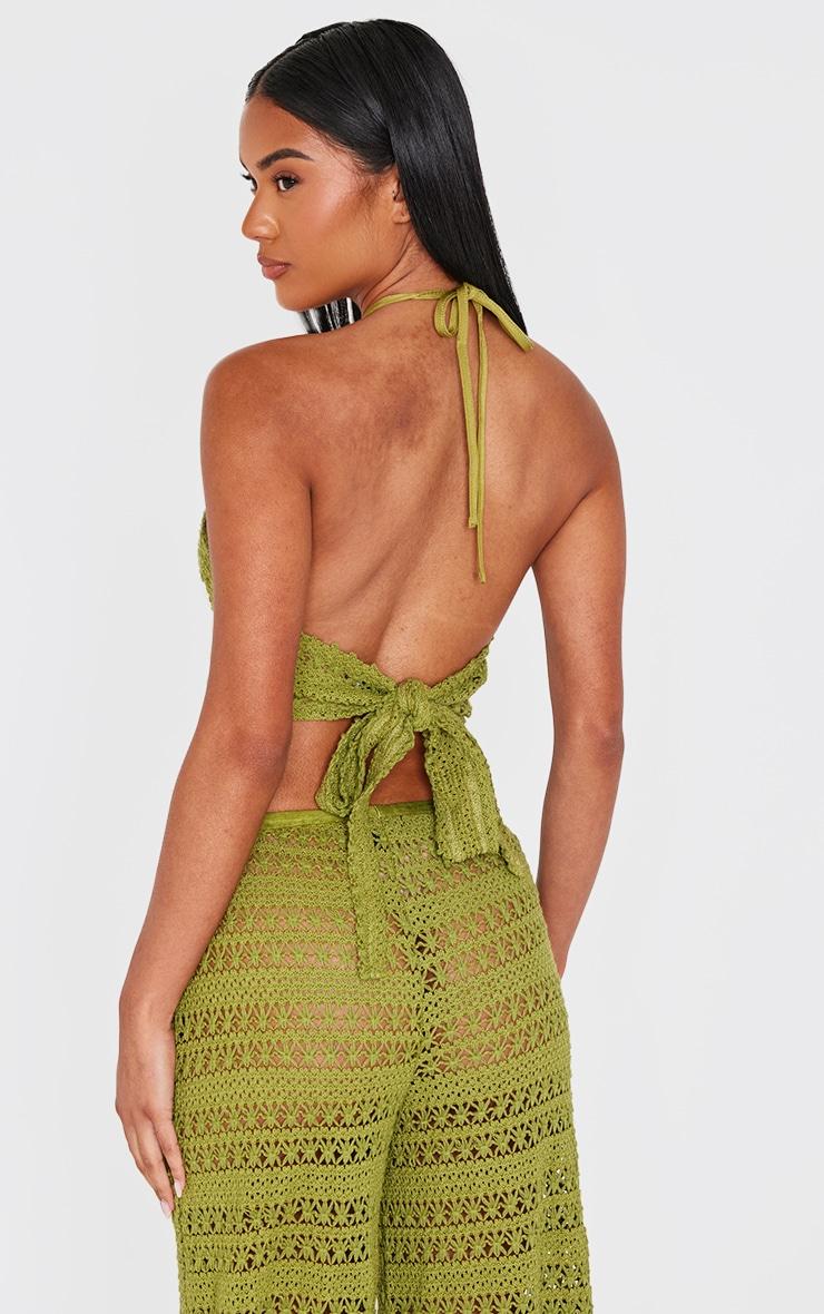 Khaki Crochet Flower Detail Halterneck Beach Top Product Image
