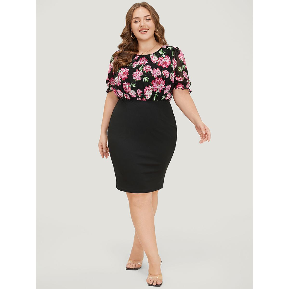 Plus Size Floral Patchwork Mesh Puff Sleeve Bodycon Dress Black Women Elegant Gathered Round Neck Short sleeve Curvy Knee Dress BloomChic 26/4X Product Image
