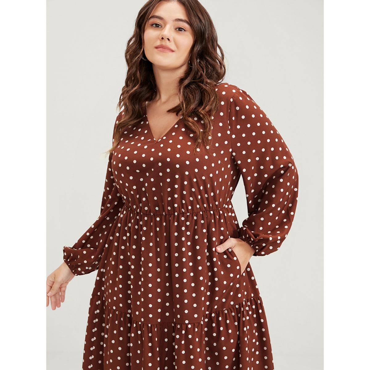 Plus Size Polka Dot Lantern Sleeve Pocket Ruffle Tiered Split Maxi Dress DarkBrown Women Elegant Elastic Waist V-neck Long Sleeve Curvy Long Dress BloomChic 10/M Product Image