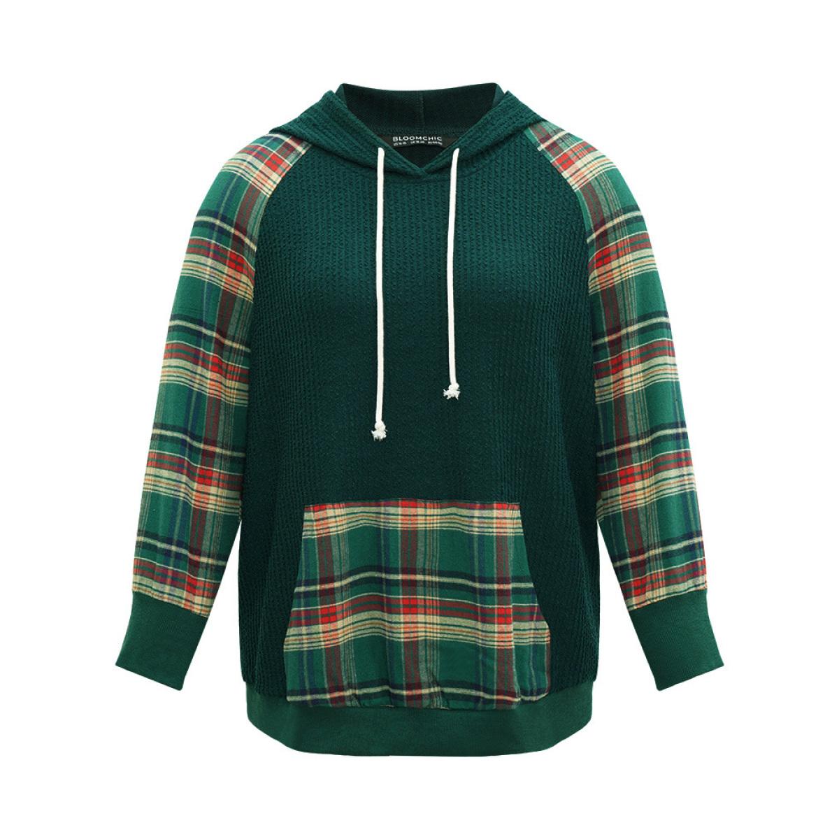 Plus Size Plaid Contrast Pocket Rib Knit Hooded Sweatshirt Women Green Casual Rib Knit Hooded Festival-Christmas Sweatshirts BloomChic 10/M Product Image