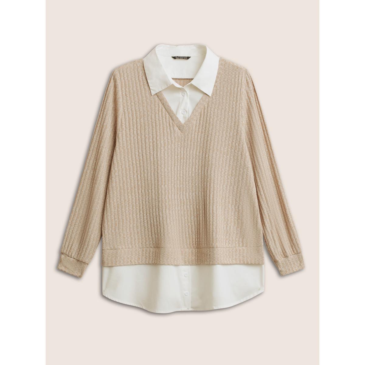 Plus Size 2-In-1 Patchwork Shirt Collar Sweatshirt Women Tan At the Office Contrast Shirt collar Office Sweatshirts BloomChic 28/5X Product Image