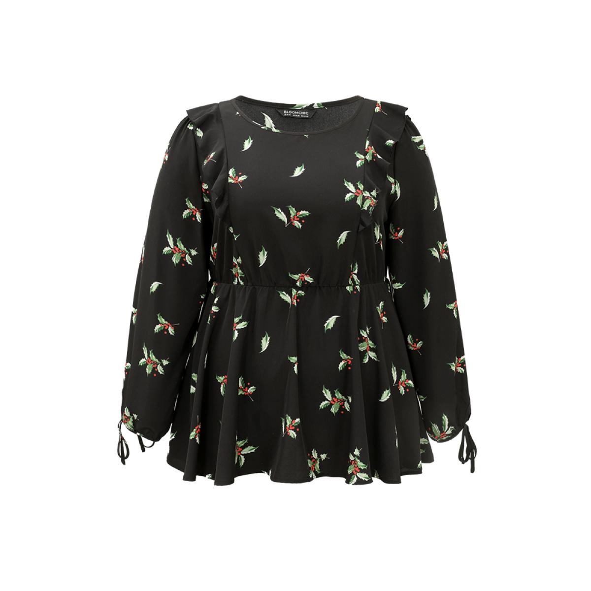 Plus Size Black Christmas Ruffles Elastic Waist Ties Lantern Sleeve Blouse Women Elegant Long Sleeve Round Neck Festival-Christmas Blouses BloomChic 26/4X Product Image