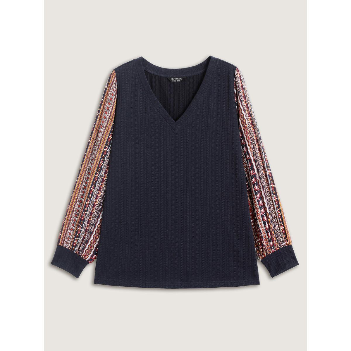 Plus Size Textured Striped Sleeve Contrast Sweatshirt Women Indigo Texture V-neck Casual Sweatshirts BloomChic 14-16/1X Product Image