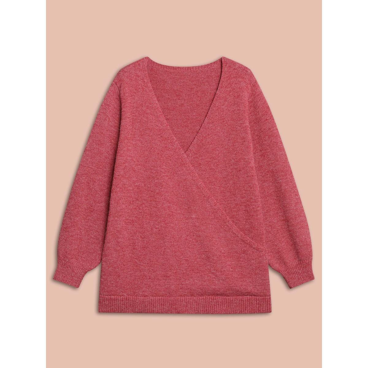 Plus Size Surplice Neck Solid Textured Pullover Scarlet Women Casual Loose Long Sleeve Overlap Collar Everyday Pullovers BloomChic 18-20/2X Product Image