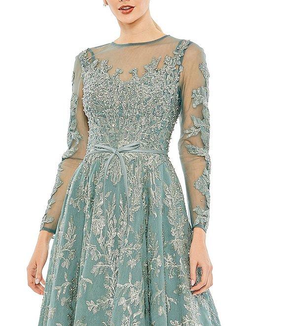 Mac Duggal Illusion Crew Neck Long Sleeve Beaded Tea Length A-Line Dress Product Image