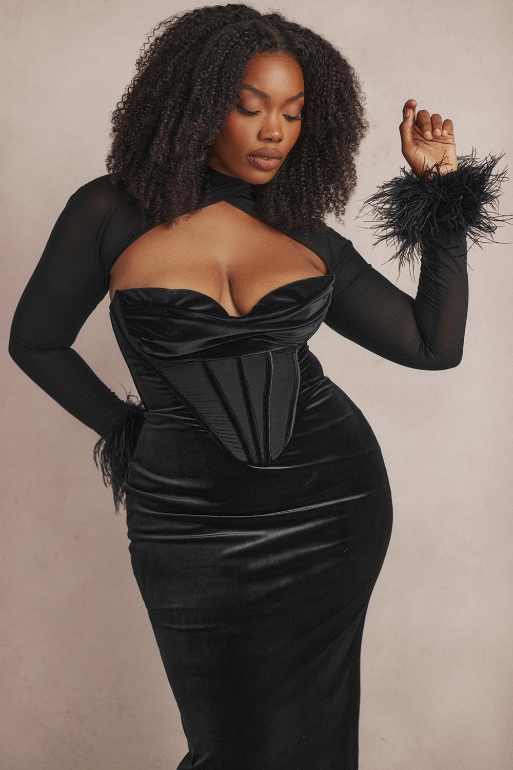 Thalia  black velvet corset maxi dress Product Image