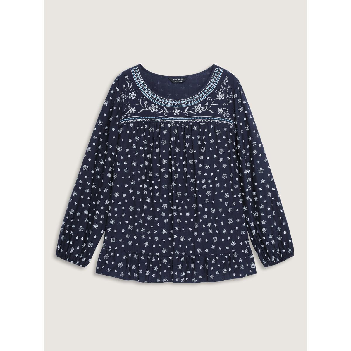 Plus Size Indigo Supersoft Embroidered Ruffled Hem Blouse Women Boho Extra Long Sleeve Round Neck Vacation Blouses BloomChic 30/6X Product Image