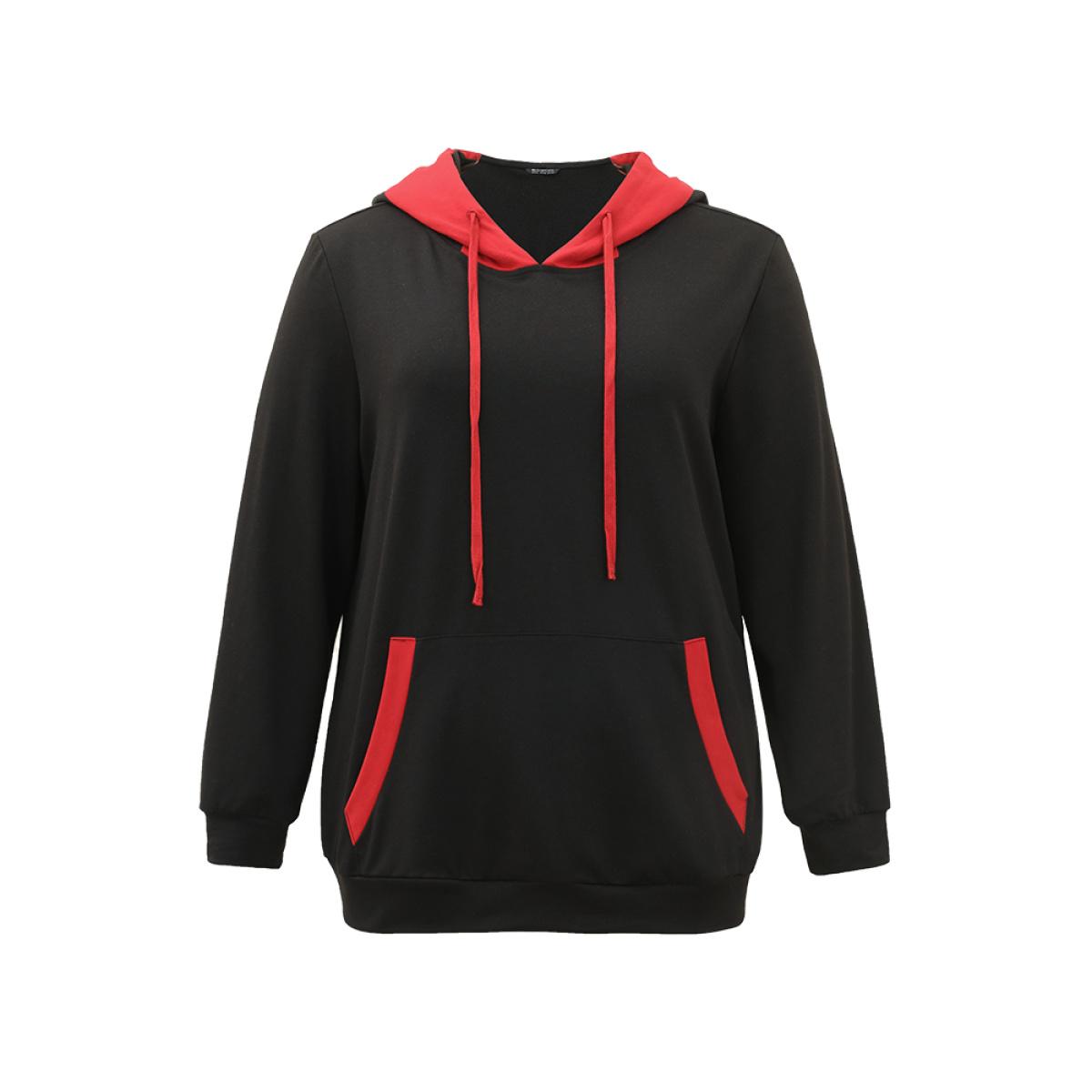 Plus Size Halloween Hooded Drawstring Contrast Pocket Sweatshirt Women Black Casual Contrast Hooded Festival-Halloween Sweatshirts BloomChic 18-20/2X Product Image