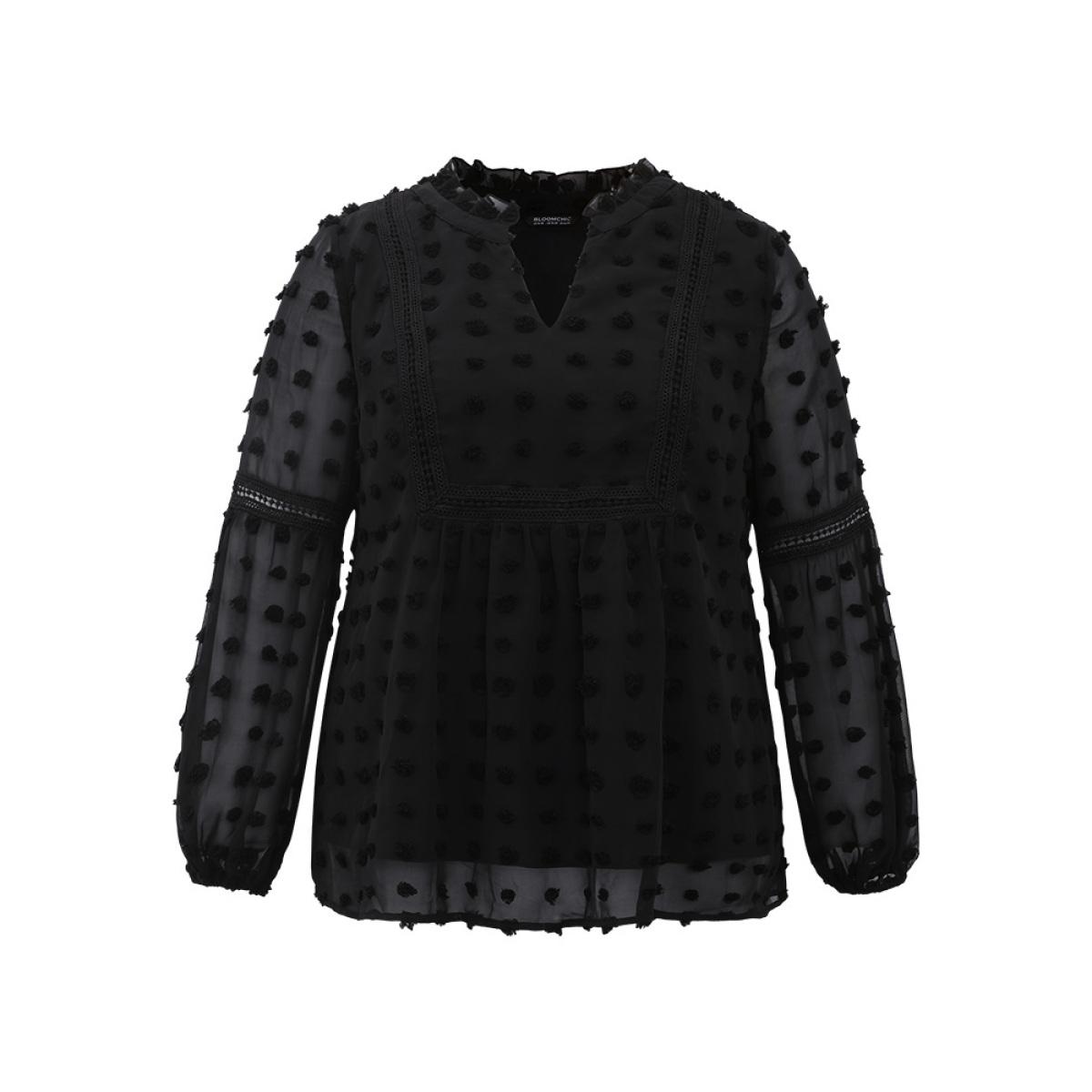 Plus Size Black Polka Dot Frill Trim Mesh Blouse Women Elegant Long Sleeve Notched collar Dailywear Blouses BloomChic 14-16/1X Product Image
