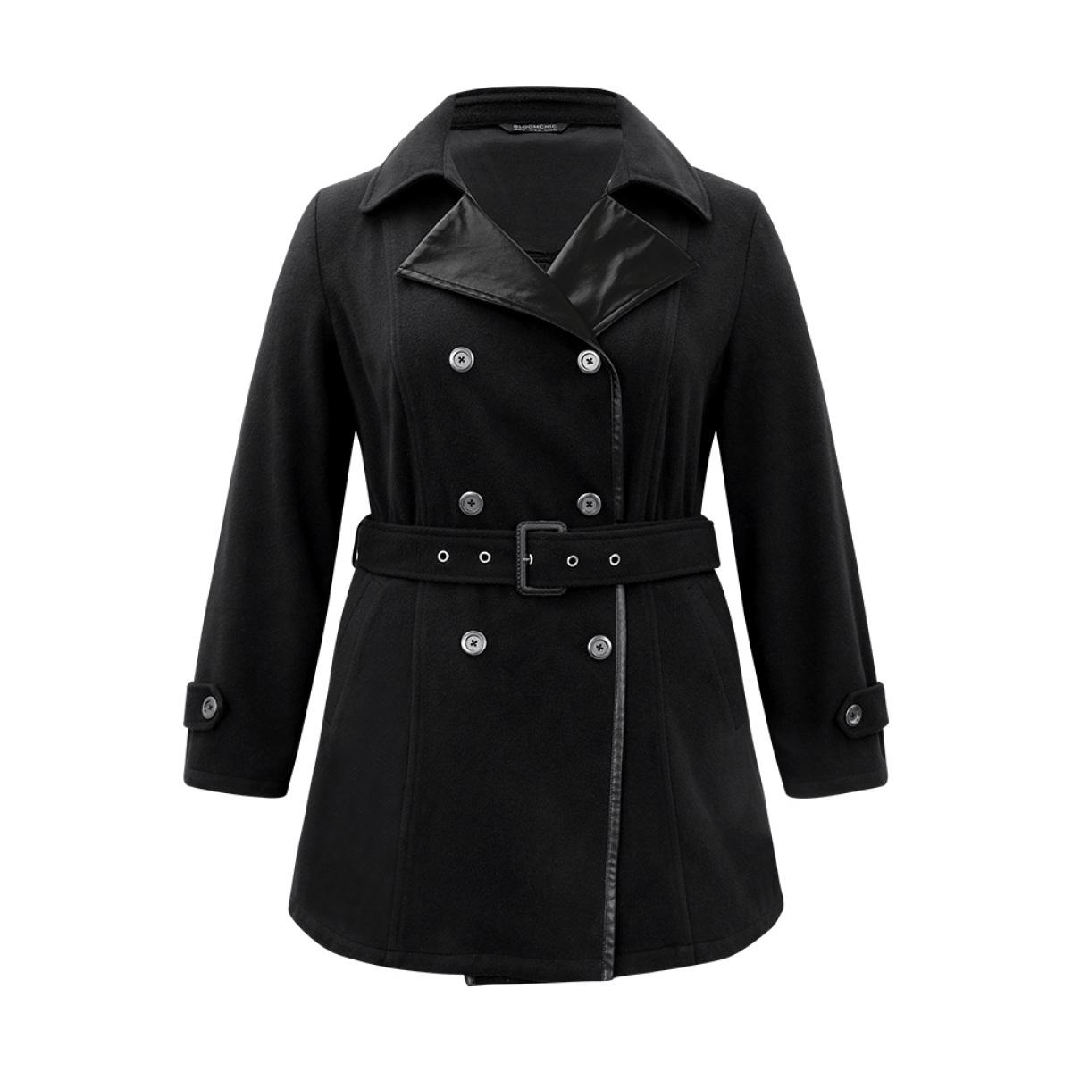 Plus Size PU Leather Patchwork Lapel Collar Double Breasted Belted Coat Women Black Casual Belted Ladies Dailywear Winter Coats BloomChic 12/L Product Image