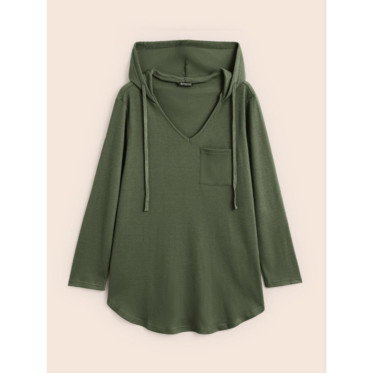 Plus Size Waffle Knit Pocket Hooded Drawstring Arc Hem T-shirt Purple Women Casual Texture Plain Hooded Everyday T-shirts BloomChic 22-24/3X Product Image
