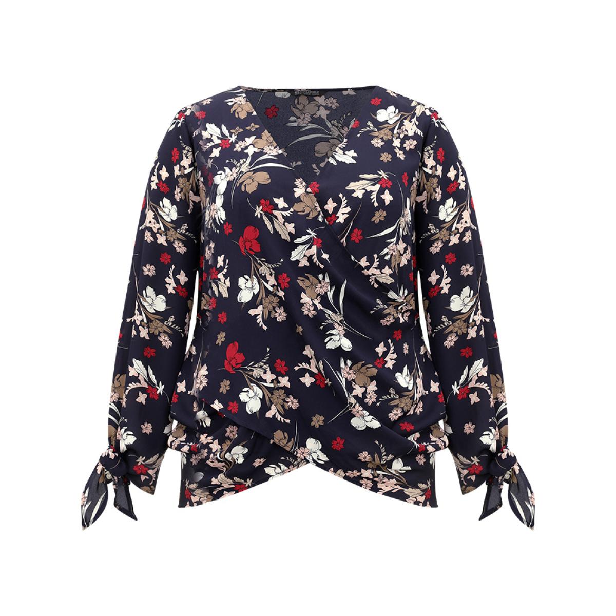 Plus Size Indigo Floral V Neck Wrap Twist Sleeve Blouse Women Elegant Long Sleeve V-neck Dailywear Blouses BloomChic 26/4X Product Image