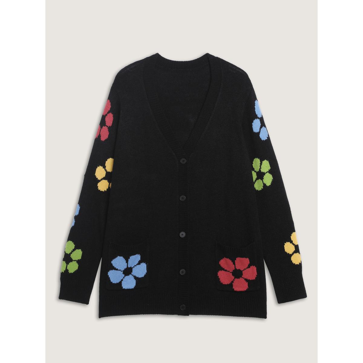 Plus Size Colorful Floral Pattern Button Knit Cardigan Black Women Playful Loose Long Sleeve Casual Cardigans BloomChic 28/5X Product Image