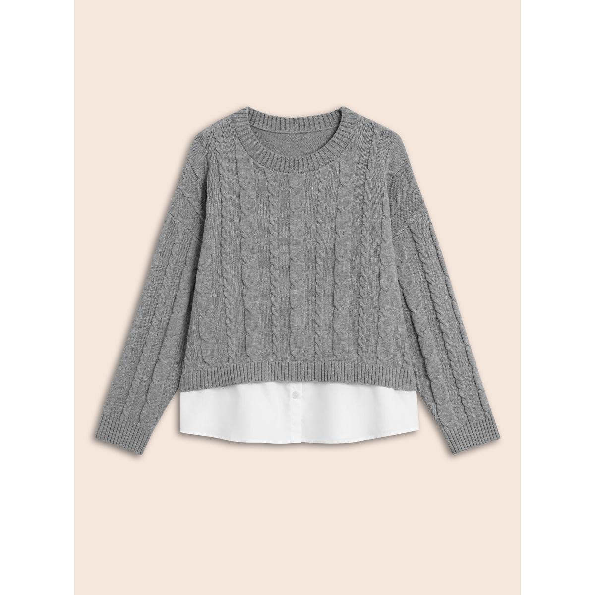 Plus Size Supersoft Essentials Cable Knit Patchwork Pullover DarkGray Women Casual Long Sleeve Round Neck Everyday Pullovers BloomChic 10/M Product Image