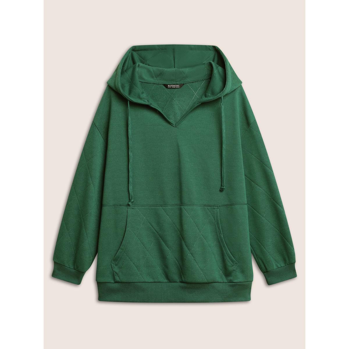 Plus Size Solid Quilted Kangaroo Pocket Hooded Sweatshirt Women Green Casual Non Hooded Everyday Sweatshirts BloomChic 10/M Product Image