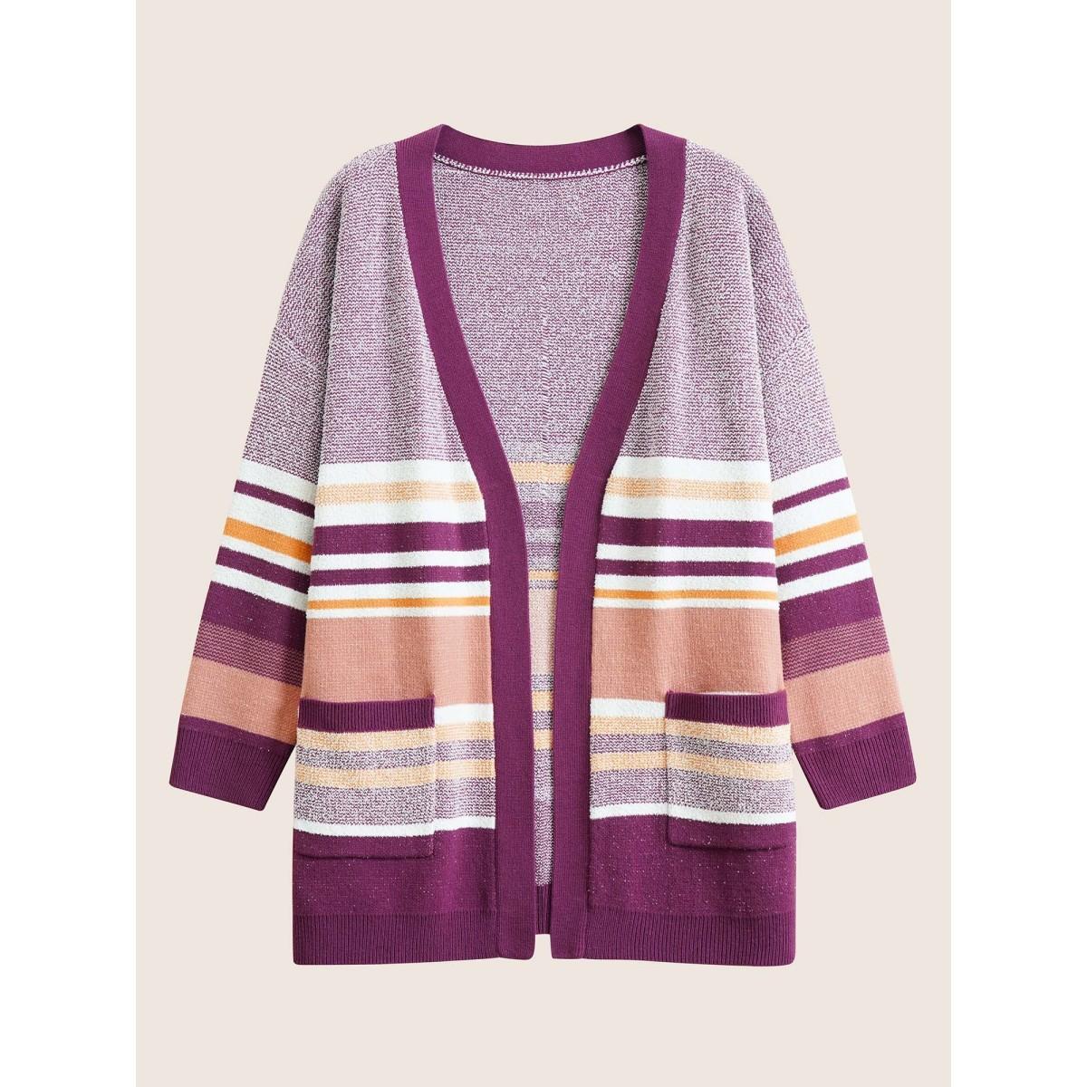 Plus Size Supersoft Essentials Striped Contrast Open Front Cardigan Purple Women Casual Loose Long Sleeve Dailywear Cardigans BloomChic 14-16/1X Product Image