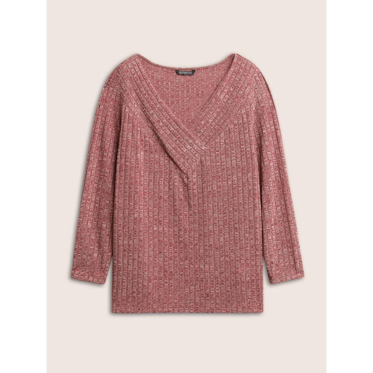 Plus Size Heather Plisse Long Sleeve T-shirt Russet Women Elegant Non Colorblock V-neck Everyday T-shirts BloomChic 14-16/1X Product Image