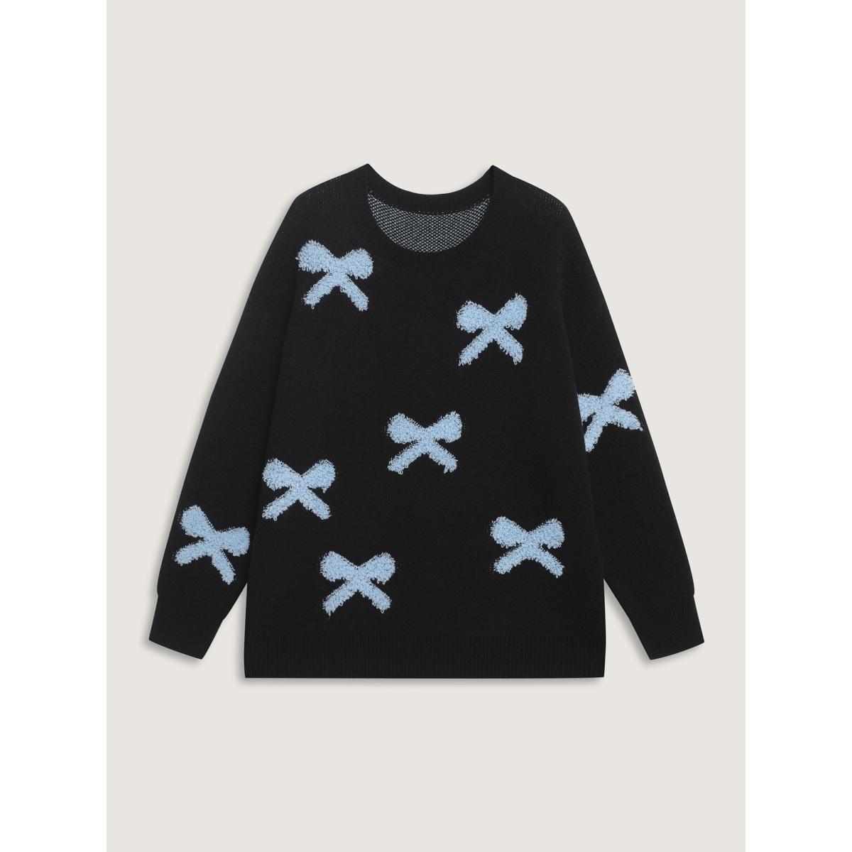 Plus Size 3D Bowknot Jacquard Textured Pullover Black Women Playful Loose Long Sleeve Round Neck Casual Pullovers BloomChic 26/4X Product Image