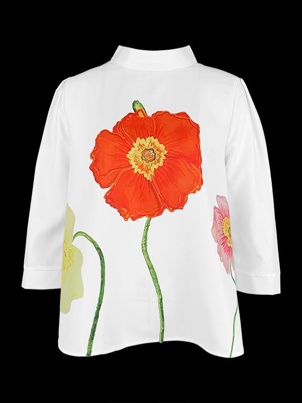 High-low Loose Flower Print Split-Joint Stand Collar T-Shirts Tops Product Image