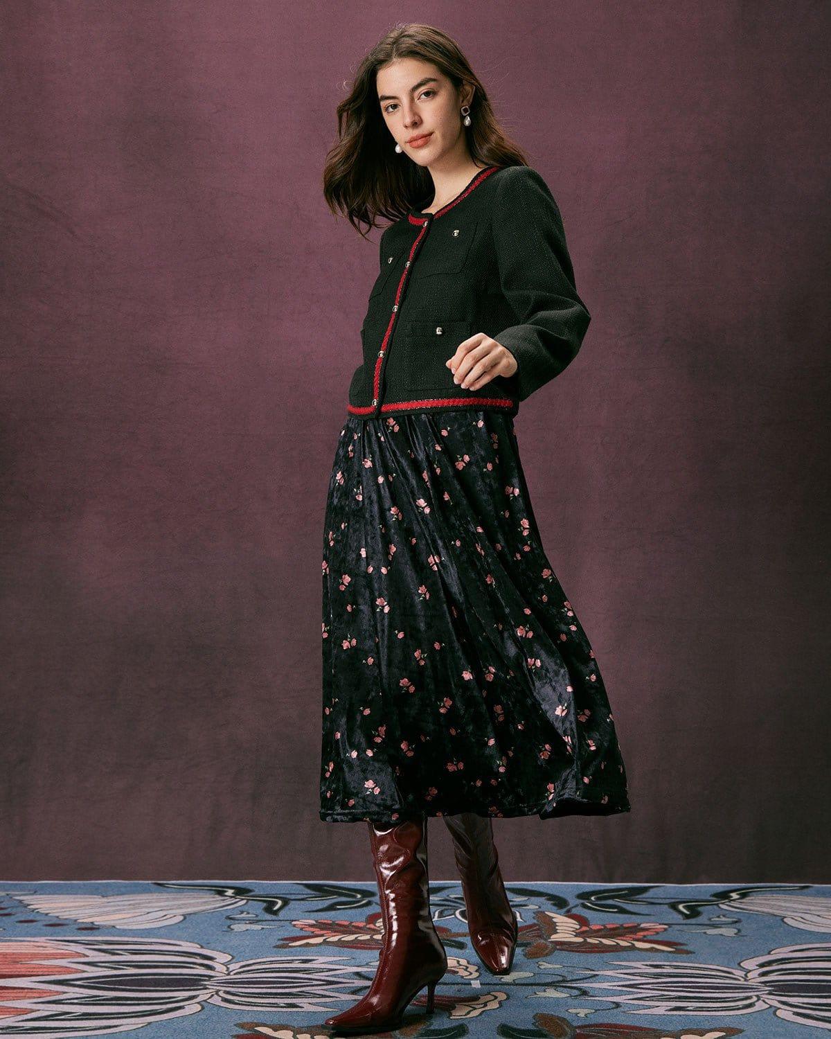 The Black Colorblock Button Tweed Jacket Product Image