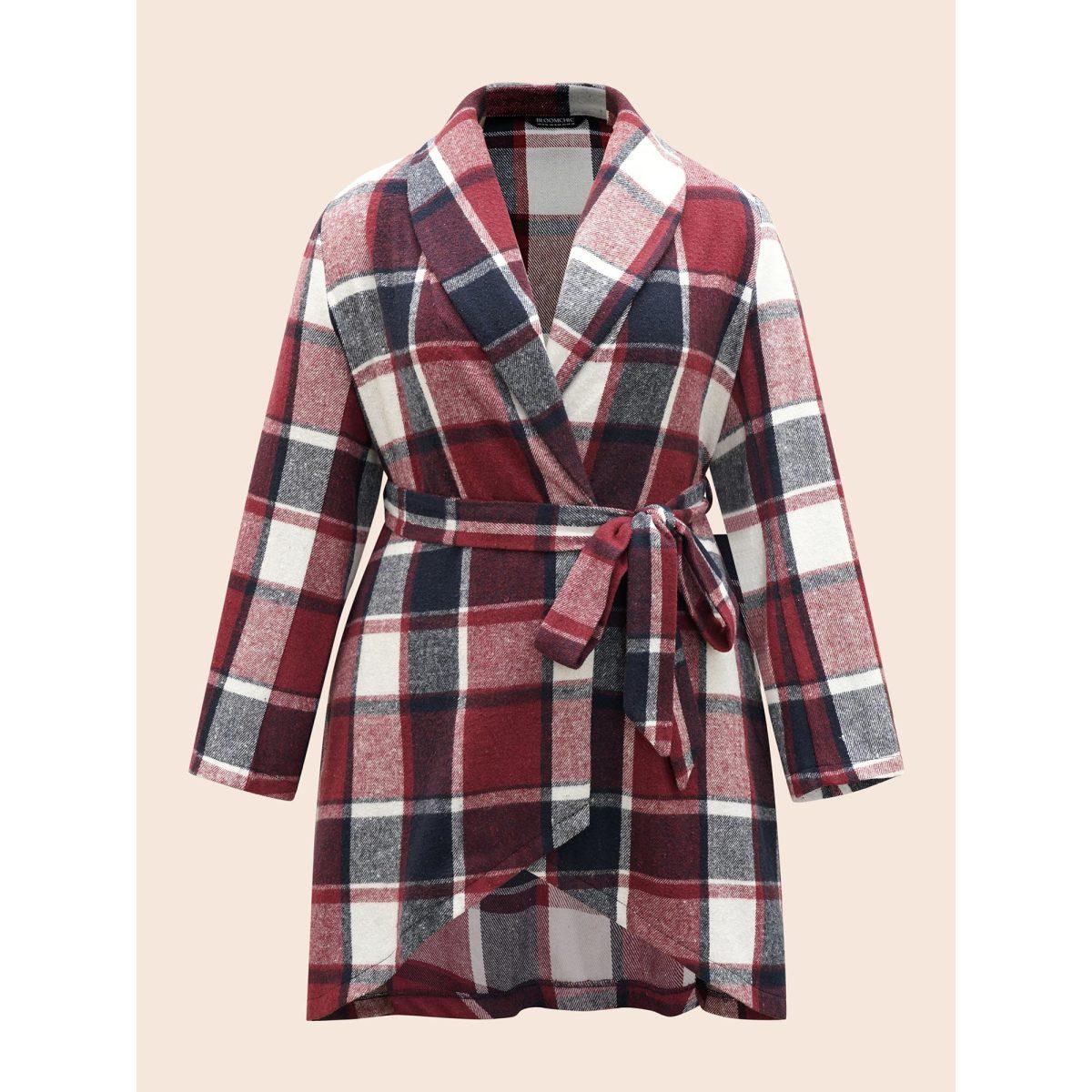 Plus Size Plaid Asymmetrical Hem Belted Coat Women Burgundy Elegant Belted Ladies Everyday Winter Coats BloomChic 22-24/3X Product Image