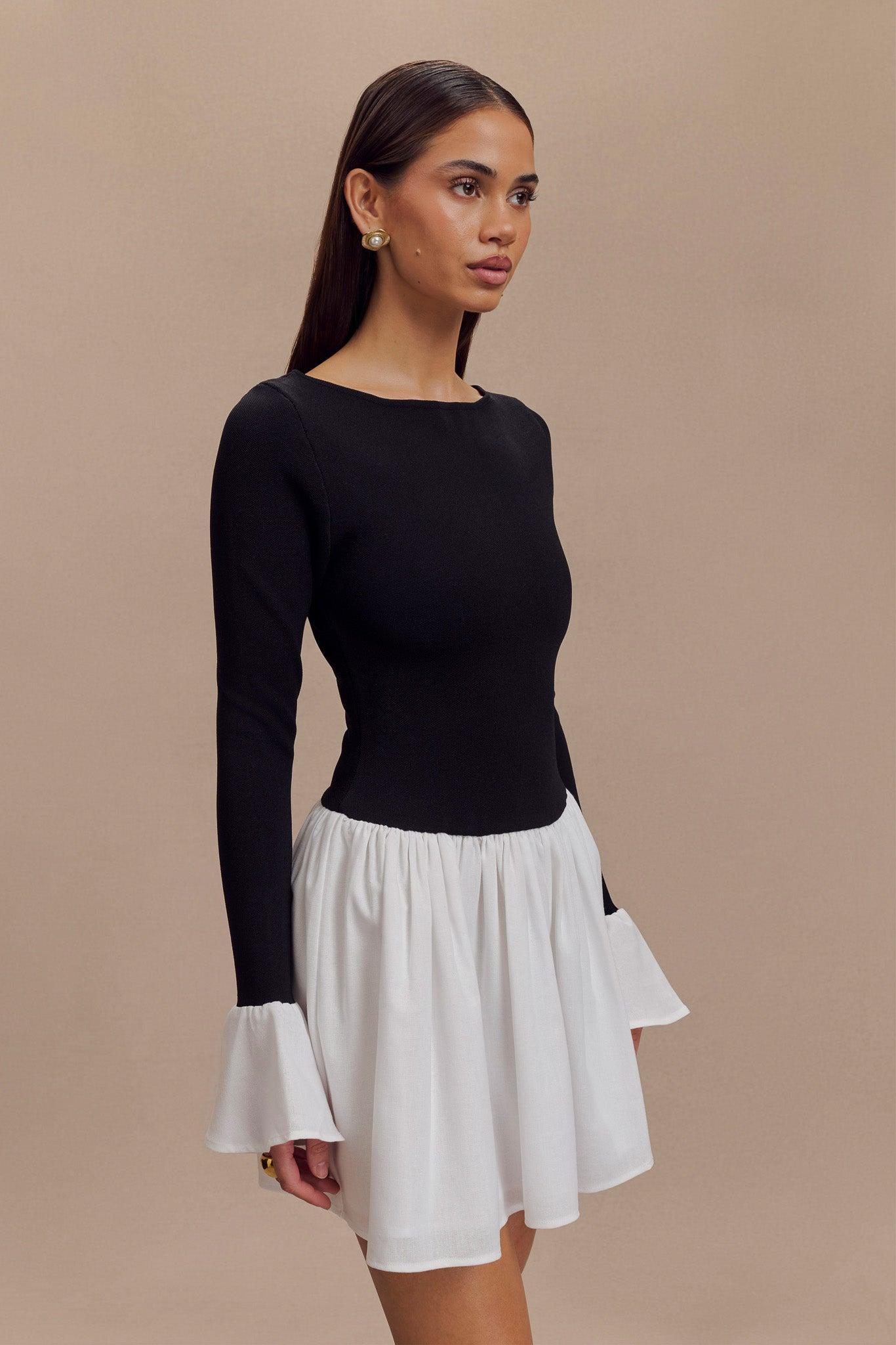Sansa Knit And Linen Mini Dress - Black & White Product Image