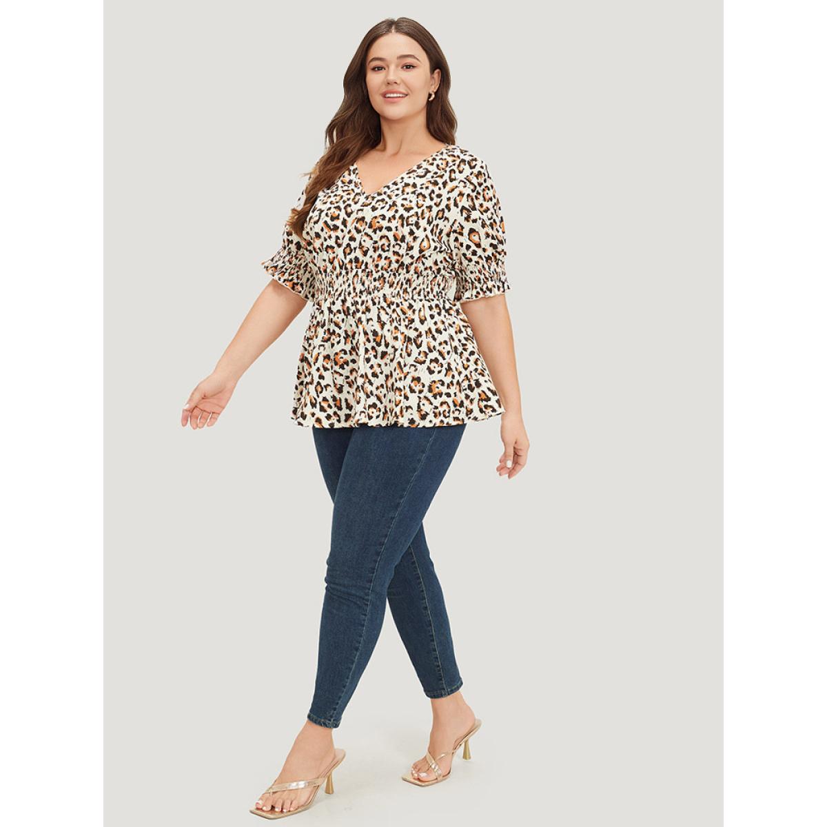 Plus Size Beige Leopard Print Shirred Puff Sleeve Ruffle Sleeve Blouse Women Glamour Short sleeve V-neck Going out Blouses BloomChic 10/M Product Image